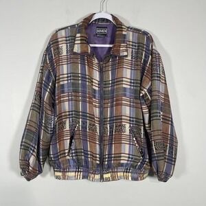 VTG Abvien Silk Bomber Jacket Womens Large Purple Plaid Leopard 90s Grunge Funky